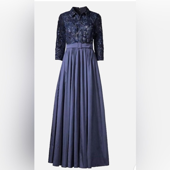 Size 6 Aidan Mattox Sequin Tulle Belted Gown Elegant Navy Blue Lace Maxi Dress - Picture 1 of 13
